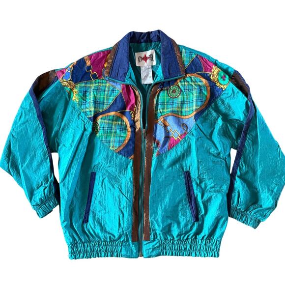Vintage 80s Active Frontier Tracksuit Gold Turquoise Aqua Pink Women Windbreaker - Picture 4 of 9